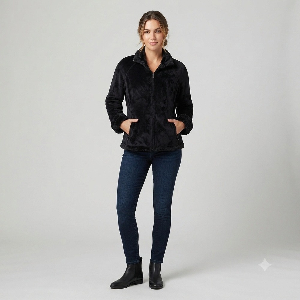 Green Tea Full-Zip Jacket Crushed Velour Faux Fur Lined Outerwear Black Large